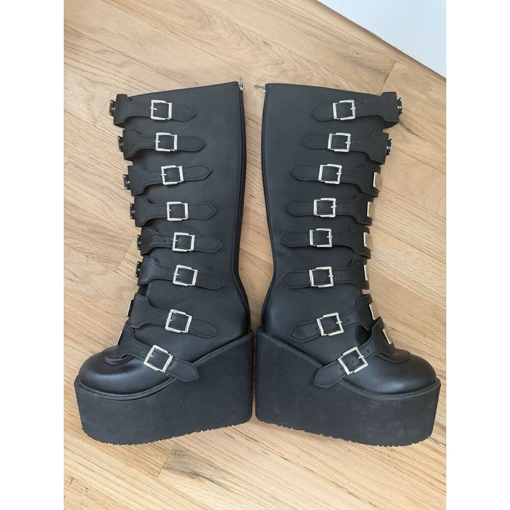 Boots gothic knee-high Black with multiple buckles platform sole Size 37 6.5